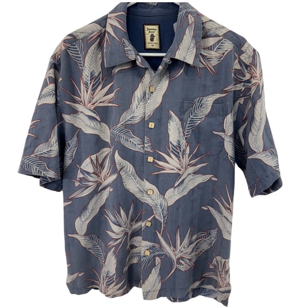 Jamaica Jaxx Men's 100% Silk‎ Blue Tropical Print Shirt with Wooden Buttons M/M